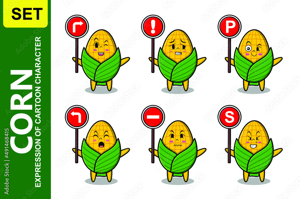 Obraz premium Cute corn cartoon character holding traffic sign in modern 3d style design