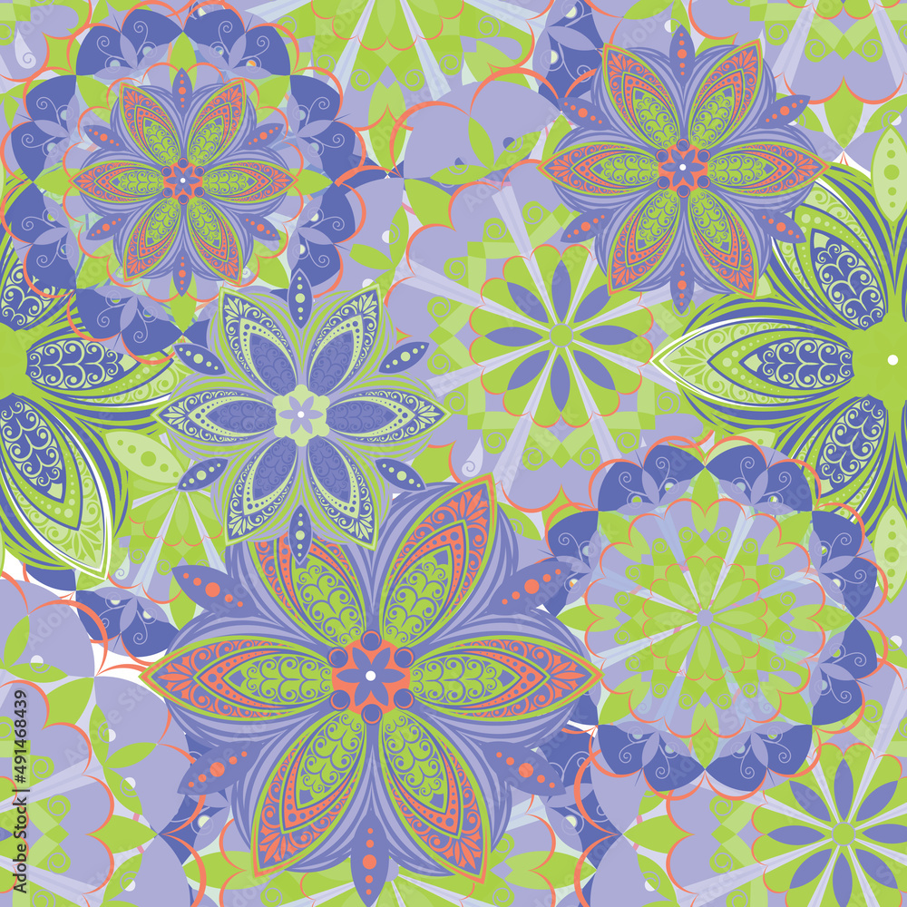 Mandala. Seamless pattern with stylized decorative flowers. Vector image. 