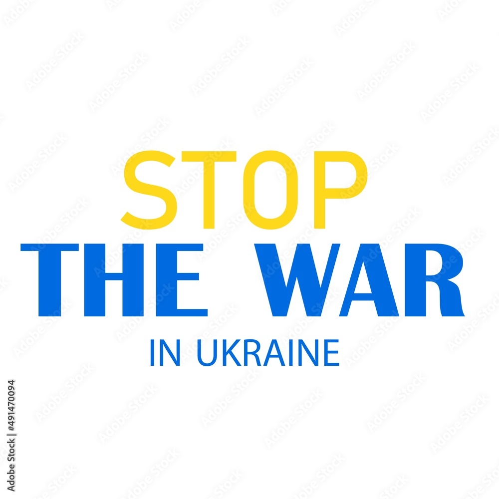 Stop the war in Ukraine inscription, Patriotic Ukraine flag shape vector icon. 