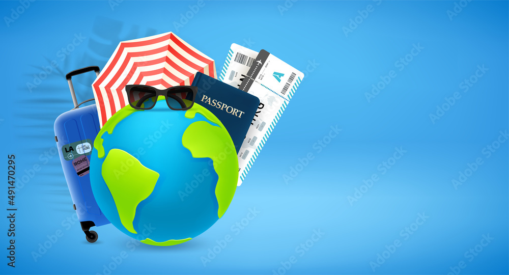 Summer vacation objects with the Earth. World travel concept. 3d vector banner with copy space