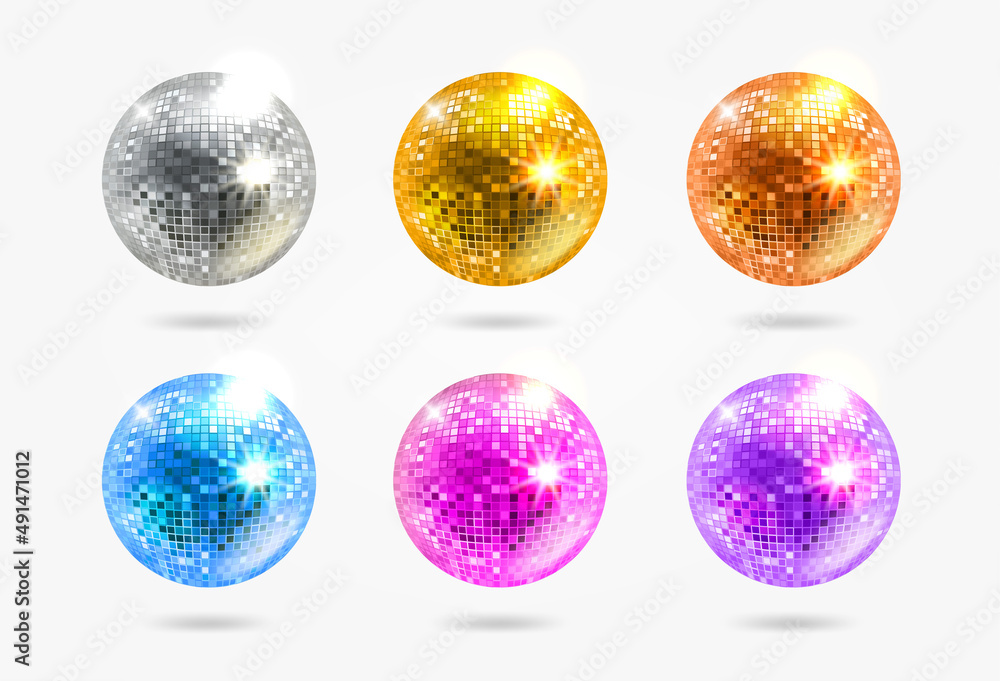 Bright glowing disco balls set isolated on white background. Vector 3d illustration