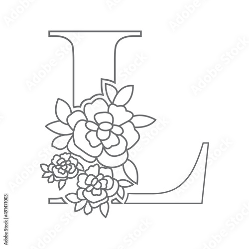Floral alphabet letter coloring book for kids. Vector illustration of educational alphabet latter with flower art work coloring pages. 
Doodle style.

