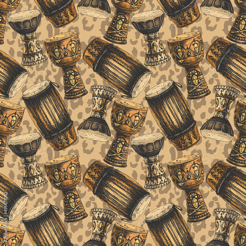 132_congas, darbuka_djembe_Congas, darbuka, djembe, seamless pattern, leopard skin, cuban, west african drums, tools set on brown background wild animal skin with dark spots