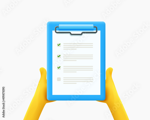 Man holding contract papers in hands. 3d vector illustration