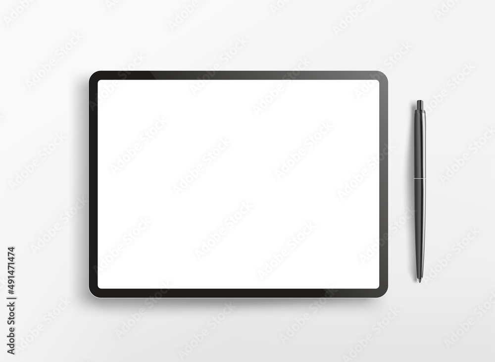 Modern tablet computer with blank screen and black pen. Flat lay 3d vector illustration isolated on white background Modern tablet computer with blank screen and black pen. Flat lay 3d vector illustration isolated on white background