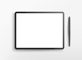 Modern tablet computer with blank screen and black pen. Flat lay 3d vector illustration isolated on white background