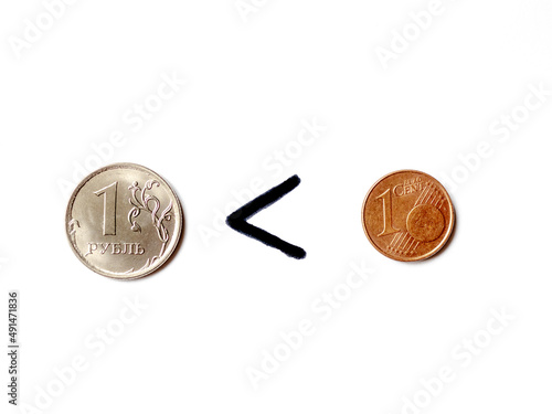One ruble worth less than one euro cent. Rouble coin, euro coin. Сurrency exchange. Economic crisis in Russia. War in Ukraine. Fall of russian currency. Business and finance. Economic sanctions effect