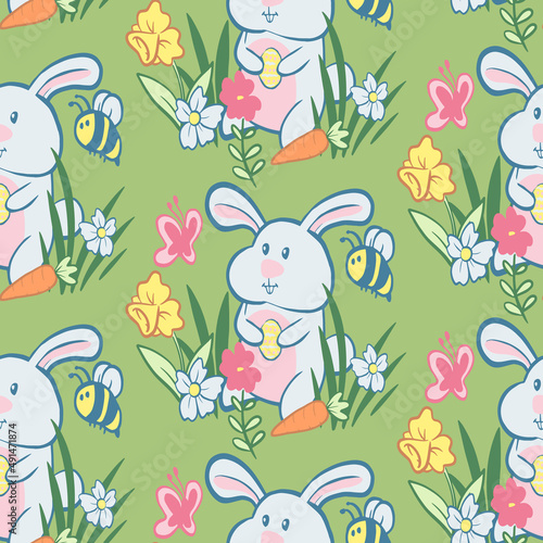 Seamless Repeat Vector Pattern with Easter Bunny flowers butterflies bees and Easter eggs. Cute Illustration for springtime holidays. © Kayla Archer