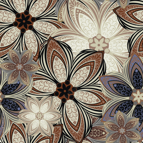 Mandala. Seamless pattern with stylized decorative flowers. Vector image. 
