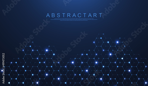 Technology abstract lines and dots connect background with hexagons. Hexagons connection digital data and big data concept. Hex digital data visualization. Vector illustration