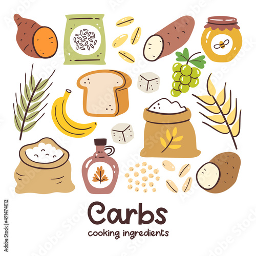 High carbohydrate foods. Cooking ingredients collection. Bread, rice, tubers, agave syrup, fruits, honey, flour. Healthy balanced diet.