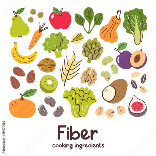 High fiber foods. Cooking ingredients collection. Fruit, vegetables, legumes, nuts. Healthy balanced diet.