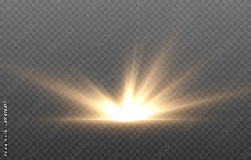 Vector golden light. Sun, sun rays, dawn png. Golden glare png, flash png.
