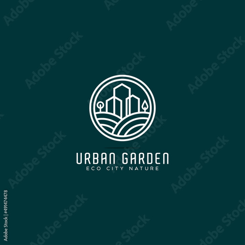 Fototapeta simple real estate urban gardener in circle linear style logo design, eco city l