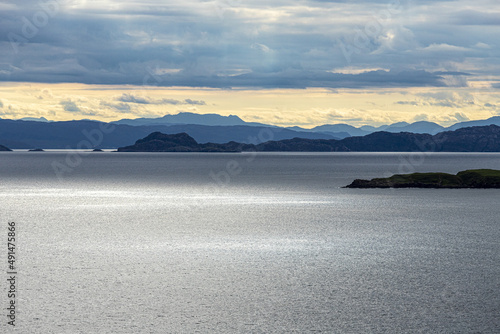 A view towards the Scottish mainland at Torridon from the north east coast of the Isle of Skye, Highland, Scotland UK.