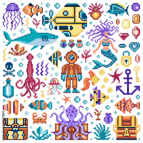 Pixel Underwater World Retro Game Sprites Set