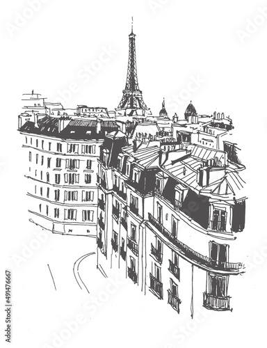 Architecture sketch illustration. Travel sketch of Paris France, Europe. Liner sketches architecture of The Eiffel Tower, Paris. Freehand drawing. Sketchy line art drawing with a pen on paper. 