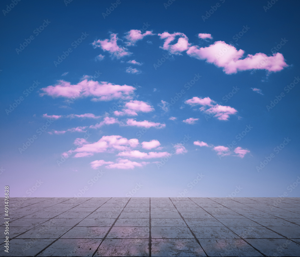 pink clouds, blue sky, gray floor. pink clouds, blue sky, gray floor.