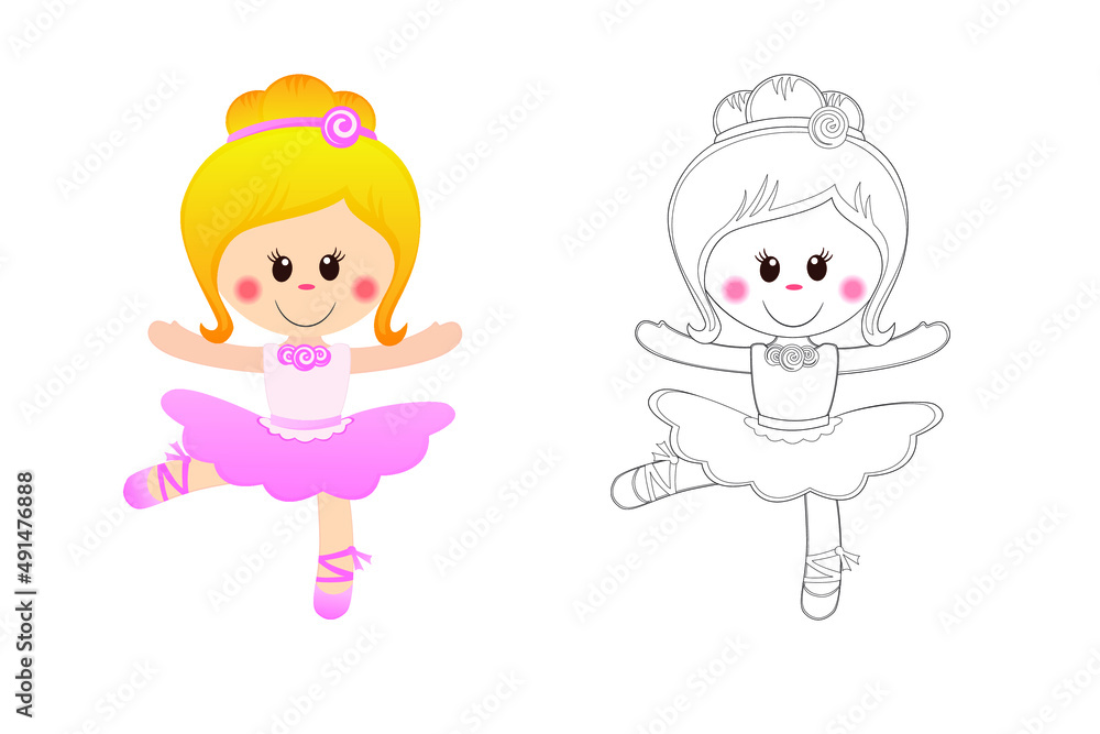 Colorin page with ballerina in cartoon style on white background. Vector illustration. Colorin page with ballerina in cartoon style on white background. Vector illustration.