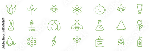 Organic cosmetic line icons big set. GMO free emblems. Eco, vegan, bio food. Hypoallergenic, safe for children, clean cosmetic, non toxic. Organic products badges. Vector illustration