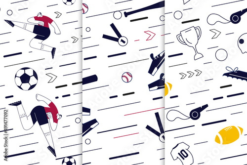 Set of seamless pattern from sport equipment and dynamics lines