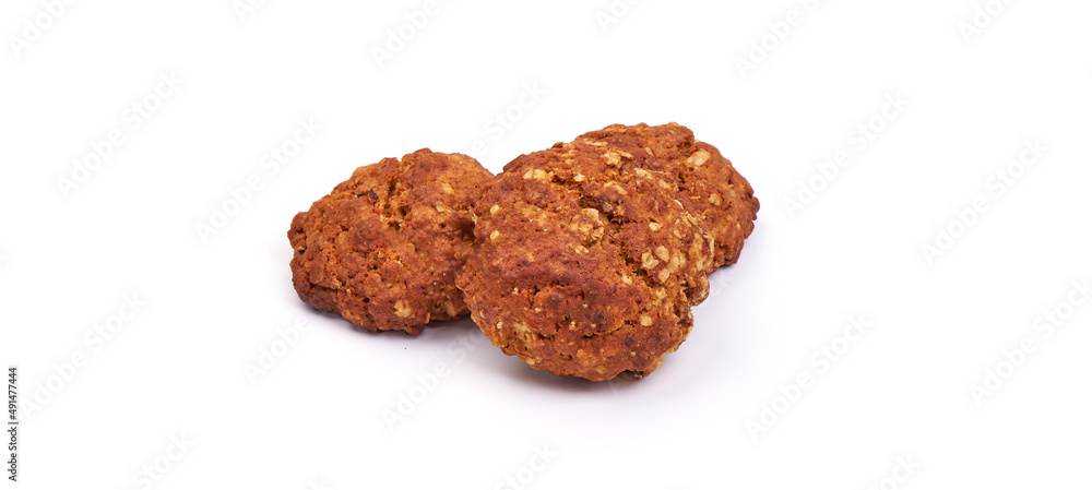Homemade oat cookies, isolated on white background.