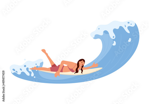 Woman rides the Barreled Rushing Waves or floating on paddle board