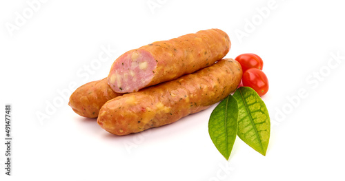 Smoked pork sausages with cheese, isolated on white background.