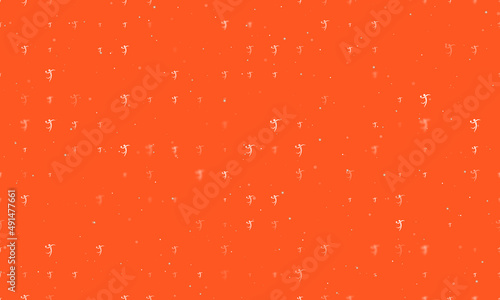 Seamless background pattern of evenly spaced white handball symbols of different sizes and opacity. Vector illustration on deep orange background with stars
