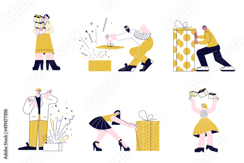 Set of people take and give gifts and surprises