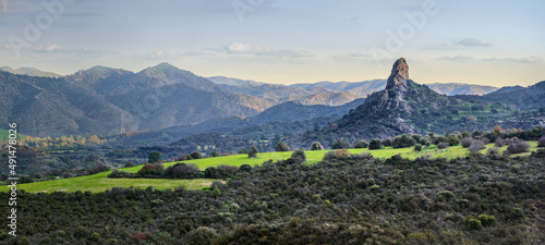 Panorama of river Sirkatis valley with Kourvellos rock near Lefkara, Cyprus photo
