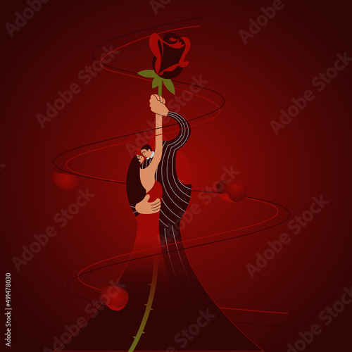 Beautiful couple dancing tango and rose flower