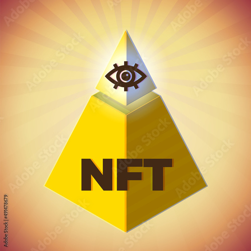 NFT sign with mystic pyramid and eye. Non-fungible token concept illustration.