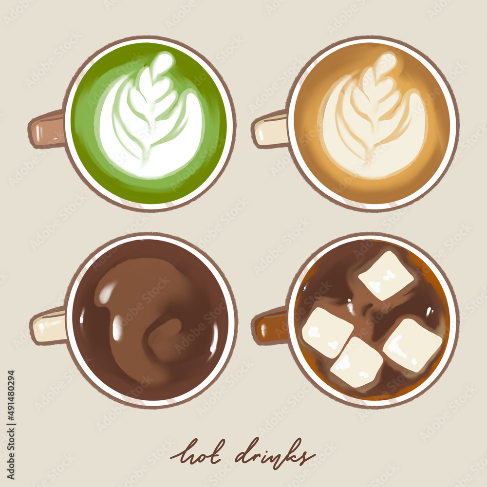Illustrations of hot drinks for coffee. Matcha latte, black coffee, cappuccino and cocoa with marshmallows.