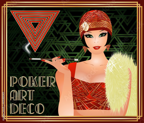 Hearts poker card with sexual girl art deco style, vector illustration
