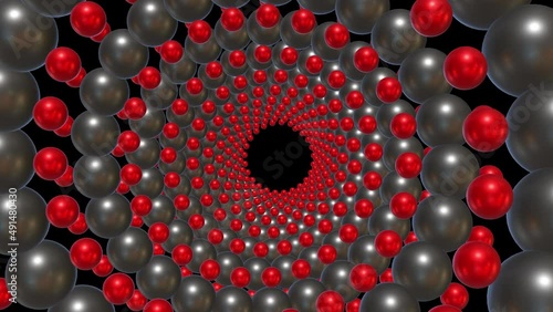 Array of spiraling spheres forming a micro tube.  Nano array cylindrical formation.  3d animation fly through lattice network molecular layer . Isolated black and white alpha matte photo