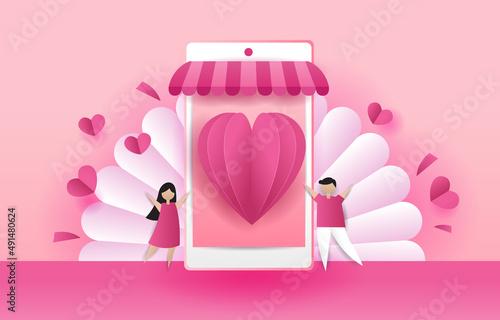 Couples give gifts to each other Buying a gift for lover in valentine's day.Men carry shopping bags to women. women glad to receive a gift from a lover.vector illustration design for banner, website