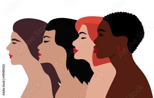 silhouette profile of women of different nationalities flat design, isolated, vector