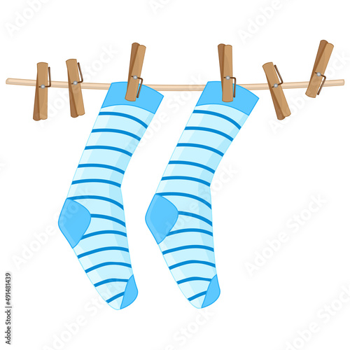 Socks hanging on rope isolated on white background.Blue striped socks on clothesline.Cotton or wool children sock dry and hang on laundry string with clothespin.Laundry drying icon.Vector illustration