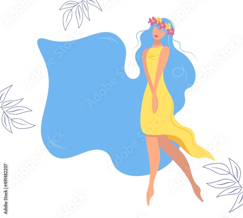 Modern banner with cute ukrainian girl and place for text. Poster with a young peaceful woman. Yellow and blue color as a symbol of the Ukrainian flag. Minimal design, flat vector template, background