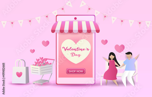 Couples give gifts to each other Buying a gift for lover in valentine's day.Men carry shopping bags to women. women glad to receive a gift from a lover.vector illustration design for banner, website