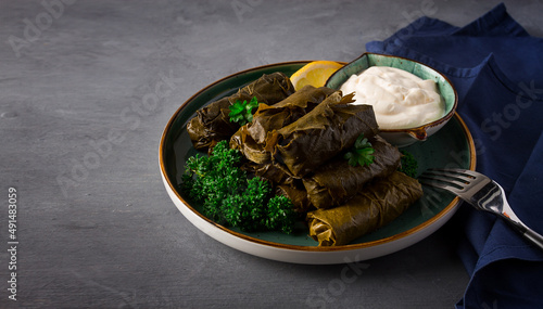 Dolma, cabbage rolls, grape leaves with filling, white sauce, lemon and herbs, rustic, selective focus, no people,