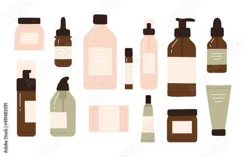 Natural organic cosmetic set. Eco beauty products in bottles, jars or tubes  in eco friendly packaging. Skin care routine concept. Vector illustration in cartoon style. Isolated on white background.