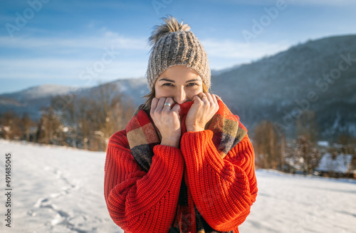 Happy winter time cheerful woman having fun outdoor