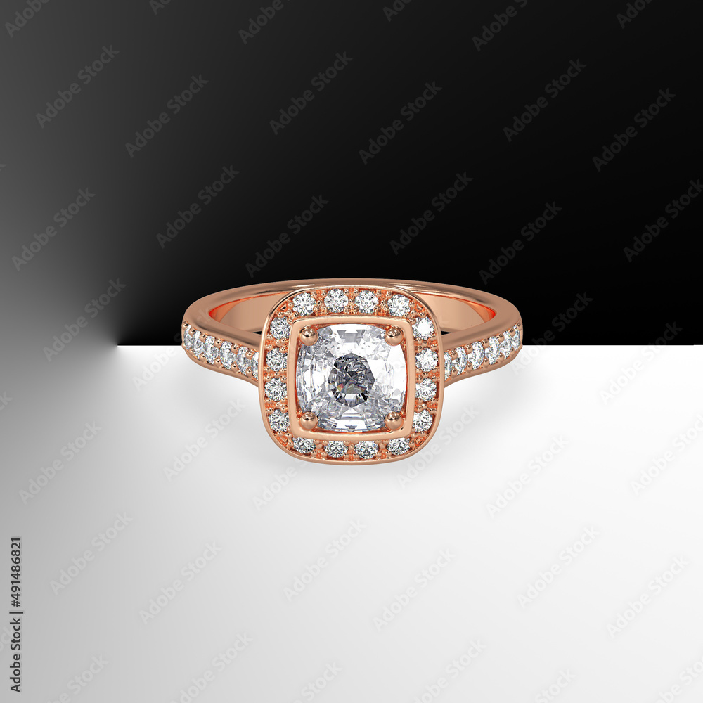 cushion cut center diamond with cathedral shank pave set stones 3d render cushion cut center diamond with cathedral shank pave set stones 3d render