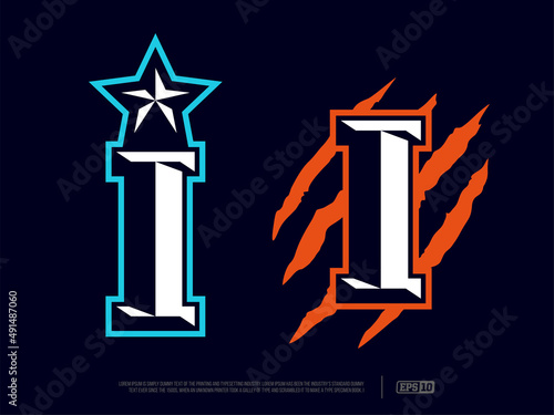 Modern professional letter-emblem for extreme games with the image of the letter I and a star