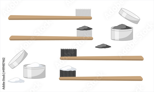 Set of  bamboo tooth brush whith black and white bristles, black and white powder, charcoal and tooth powder or baking soda  isolated on white background vector illustration.