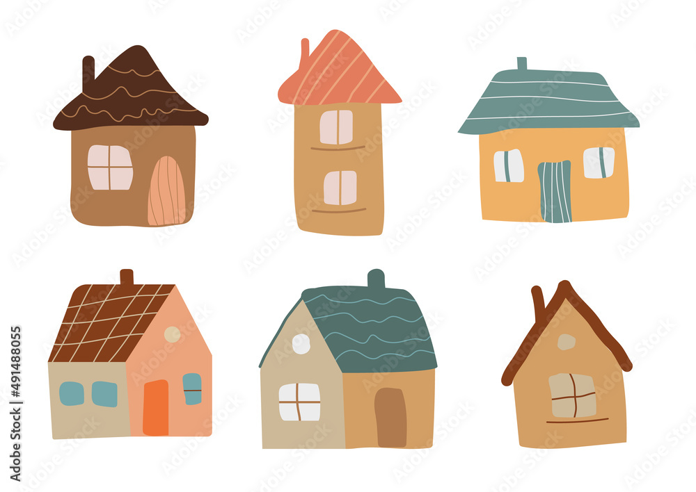 Boho houses collection. Bohemian flat design. Real estate concept. Isolated vector stock illustration
