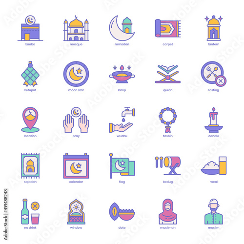 Islam icon pack for your website design, logo, app, UI. Islam icon filled color design. Vector graphics illustration and editable stroke.