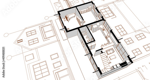 architecture traditional house plan 3d illustration